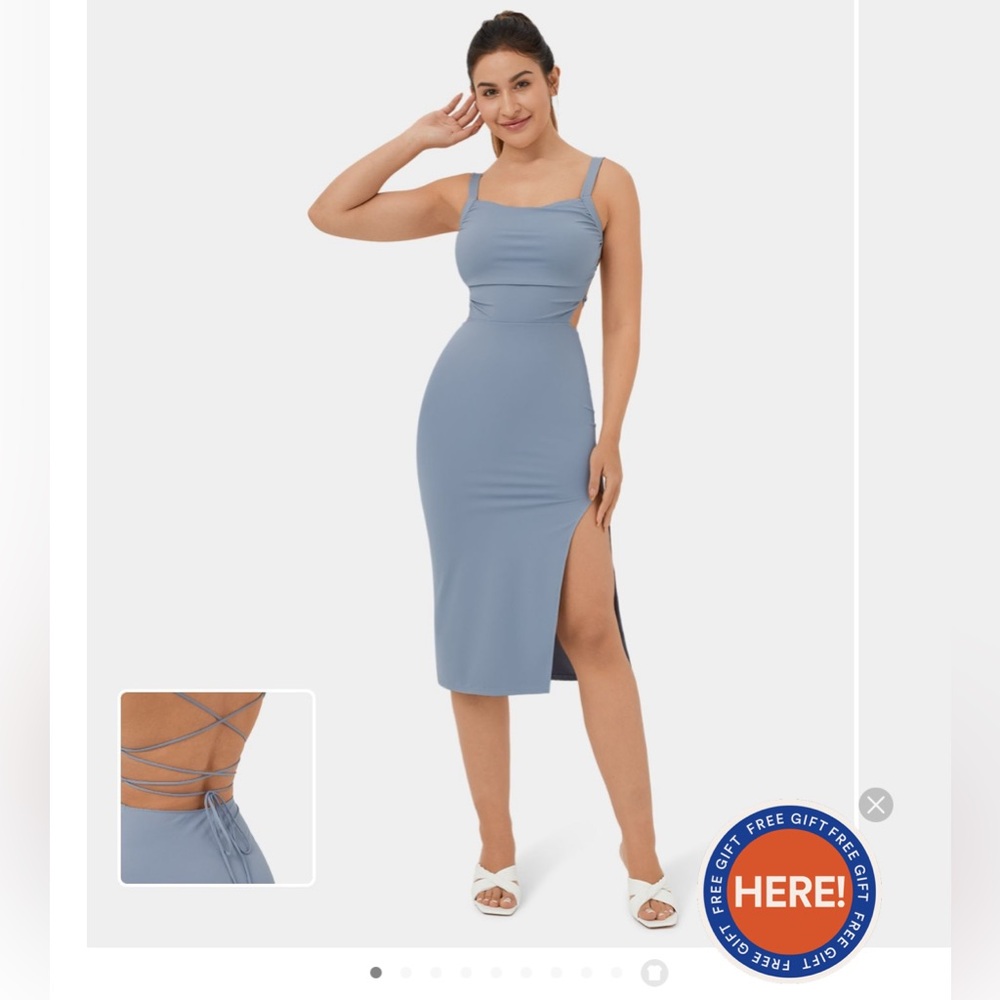Halara Runched Backless Crisscross Lace-Up Split Body-Con Midi Casual Dress.